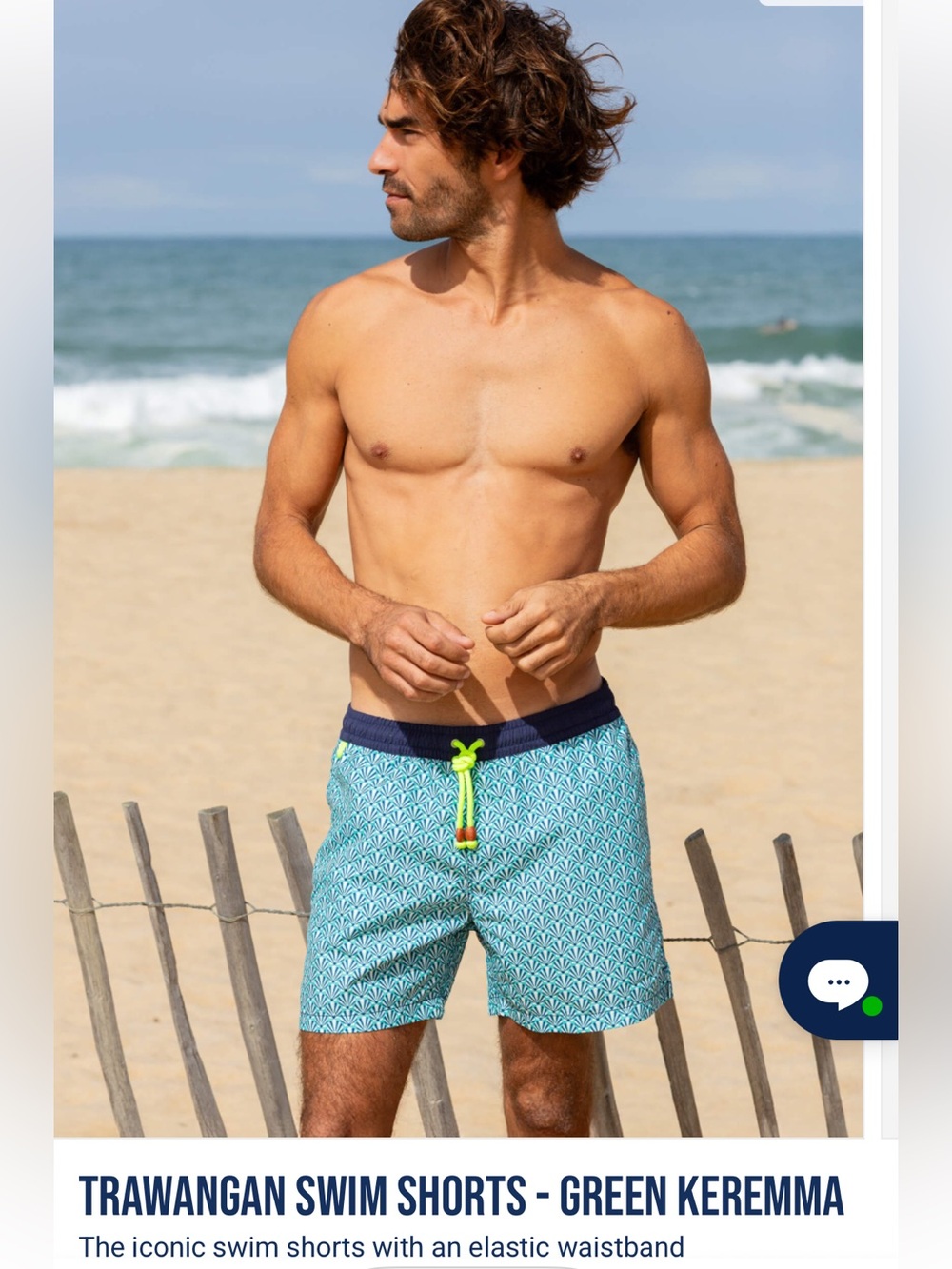 Men's Green Patterned Trawangan Swim Trunks with Navy Waistband